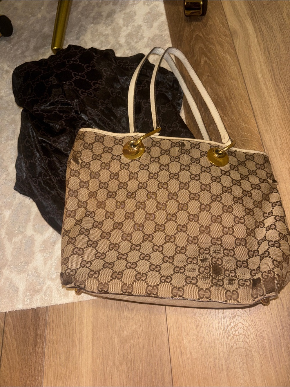 Gucci Beige/Brown Monogram Tote with White Straps